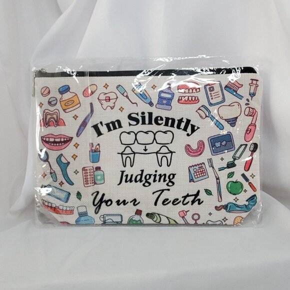 Dental-Themed Cosmetic Bag Canvas Zipper Pouch "Im Silently Judging Your Teeth" - Picture 1 of 5